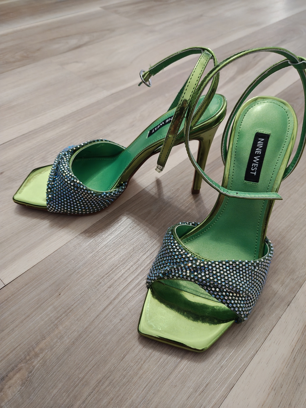 Nine West Metallic Lime Green Crystal-Embellished Slingback Heels